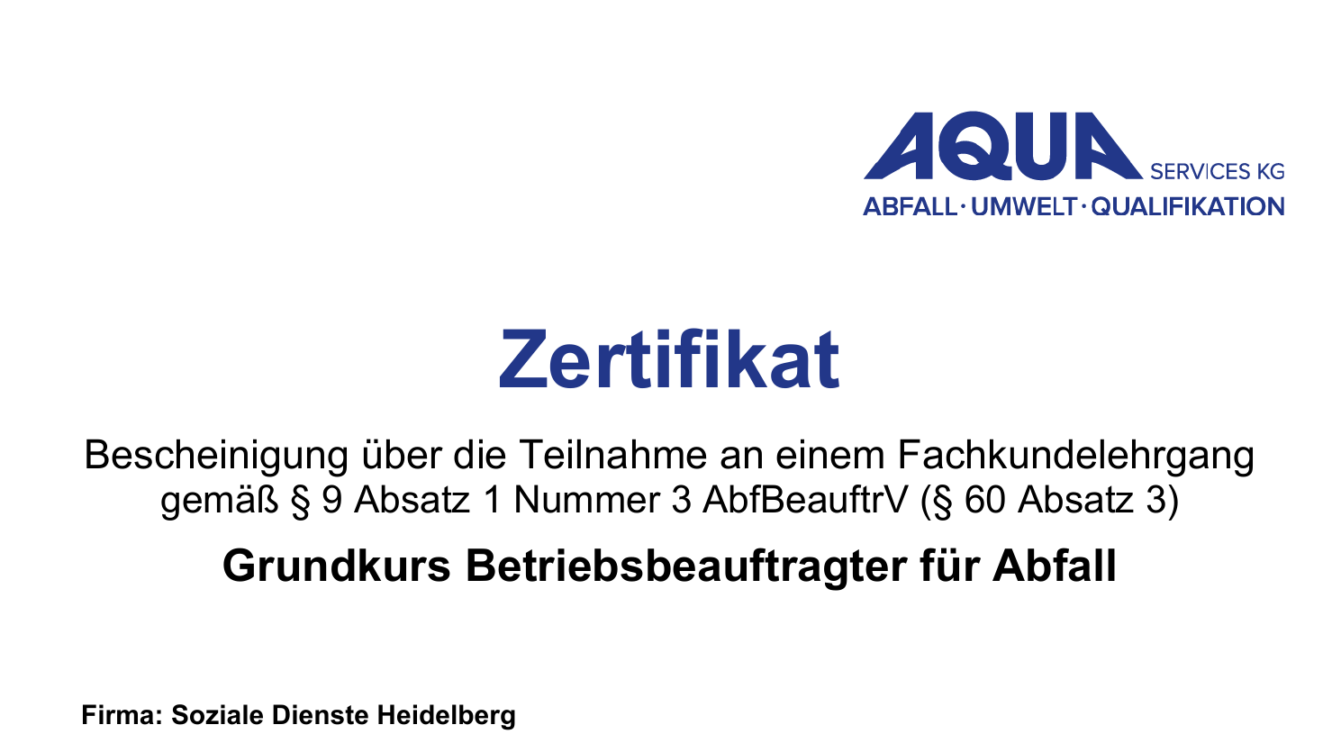 Originalausschnitt des Fachkundezertifikats für Soziale Dienste Mannheim